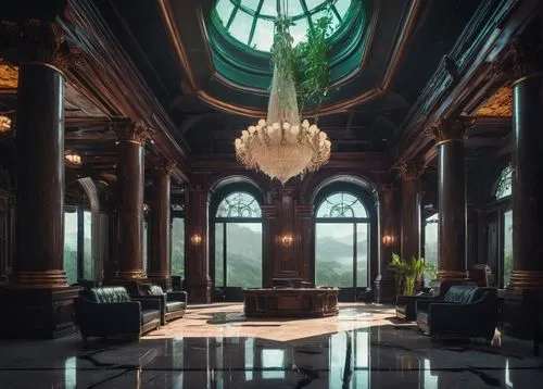 hotel lobby,lobby,ornate room,hotel hall,ballroom,habtoor,luxury hotel,dragon palace hotel,intercontinental,entrance hall,marble palace,cochere,concierge,art deco,the palm,opulently,grand hotel,greystone,amanresorts,chandelier,Illustration,Realistic Fantasy,Realistic Fantasy 47