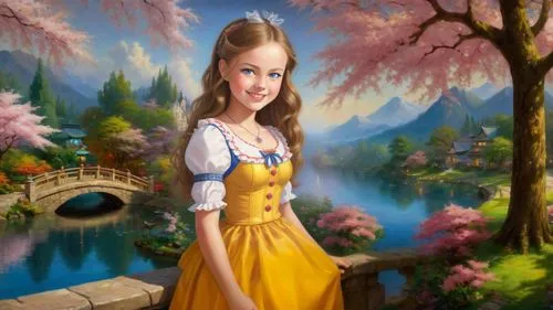 Romantic masterpiece oil painting, cute girl portrait, nostalgic 1950's style kitsch, beautiful exotic landscape, Japanese cherry blossom park scenery, by Thomas Kinkade, by Bob Ross, high res,fantasy