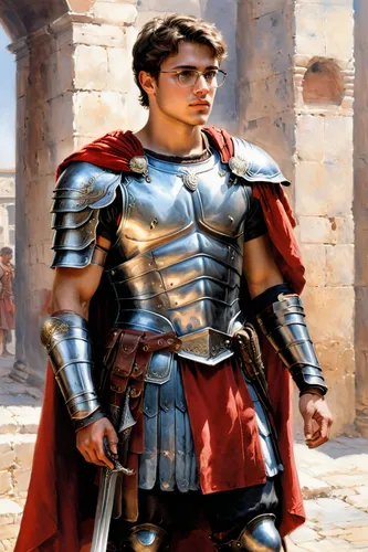 A handsome guy student 21 years old with gray eyes with glasses and brown hair in full-length clothes and armor of a Roman gladiator in red,the roman centurion,roman soldier,bactrian,gladiator,romans,