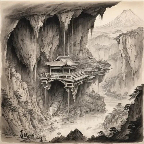 tigers nest,hanging temple,cavernosum,yashima,caverns,chasm,shaoming,futuristic landscape,wudang,karst landscape,teahouse,meteora,wenzhao,monasteries,wenhao,fantasy landscape,rivendell,ancient city,jinchuan,arcology,Illustration,Paper based,Paper Based 30