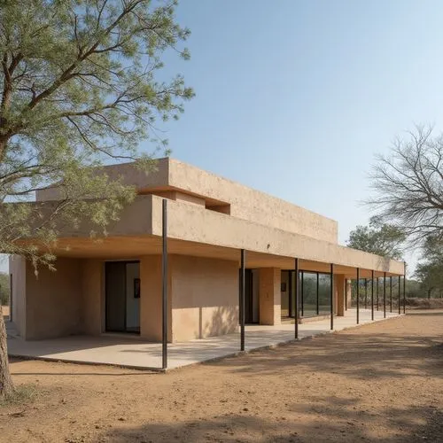  ,an adobe style building sits in the desert,school design,clay house,magdhaba,dunes house,nainoa,vaccination center