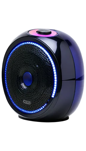 Dynamic speakers, metallic body, circular grille, LED lights, sleek design, high-gloss finish, reflective surface, detailed buttons, volume knob, power cord, 3/4 composition, low-angle shot, dramatic 