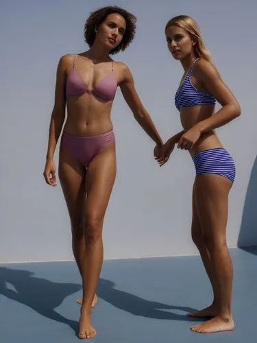 at random,two woman wearing swimwear holding hands on the beach,burkinabes,size comparison,body positivity,stand models,bikinis,liposuction,Photography,General,Realistic