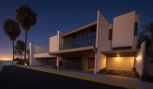 modern house on the street at night time,mid century house,modern house,fresnaye,3d rendering,neutra,art deco,midcentury,mid century modern,dunes house,sketchup,contemporary,render,residencial,modern 