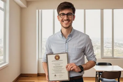 Young adult, male, bachelor degree holder, interior designer, casual wear, white shirt, dark blue jeans, black rimmed glasses, short brown hair, smiling, holding a degree certificate, standing in fron