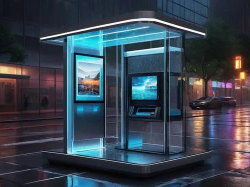 Modern futuristic kiosk, sleek metal structure, glass walls, LED display screens, interactive touch interface, minimalist design, urban city setting, evening atmosphere, neon lights reflecting off wet