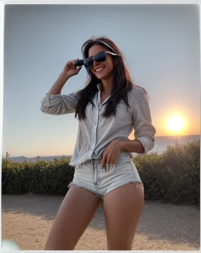 woman in white short shirt posing on beach near bushes,sunglasses,beach background,sonakshi,lali,sun glasses,in shorts