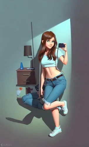 a photography full body of a young girl 24 years old, brown hair, green eyes, confident expression, and a cellphone in a hand wearing a soft blue top and open jeans whit out shoes stand up at morning 