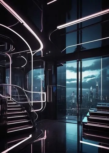 Futuristic cari design, sleek lines, metallic materials, neon lights, geometric shapes, minimalist interior, holographic display, transparent glass walls, curved staircase, ambient lighting, high-tech