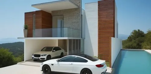 DISEÑO EXTERIOR DE UN CASA MINIMALISTA CON MUROS EN CLOR BLANCO, ELEMENTOS EN COLOR GRIS, LOUVERS DE ALUMINIO EN INMITACIÓN DE MADERA, MURO DE BAÑO EN MADERA ALUMINIO, BARANDAL DE TERRAZA CON CRISTAL,