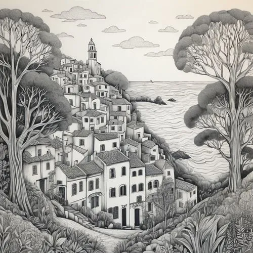 woodring,bawden,glandore,ambrosetti,portmeirion,ravilious,levanto,korcula,escher village,gorey,fresnaye,portofino,ossorio,villa balbianello,helford,bellairs,penryn,hand-drawn illustration,torretta,adolfsson,Illustration,Abstract Fantasy,Abstract Fantasy 03