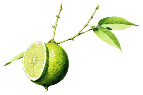 Lime fruit, green skin, bright yellow flesh, juicy pulp, leafy stem, solo, macro shot, 3/4 composition, shallow depth of field, natural light, vibrant color tone, high contrast.,persian lime,spanish l