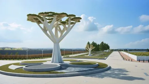 An Architectural rendering of A street with sculptural park to the right,a monument sits next to a path on the ground,ringworld,highway roundabout,landscape design sydney,solar cell base,celtic tree,t