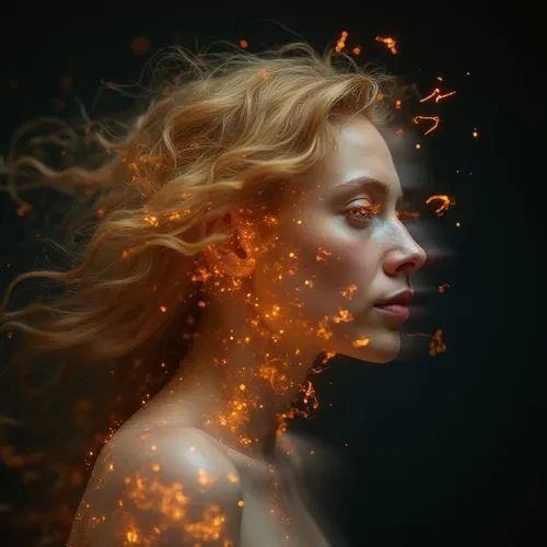 fire dancer,embers,burning hair,mystical portrait of a girl,flame spirit,fire artist,Photography,Artistic Photography,Artistic Photography 01