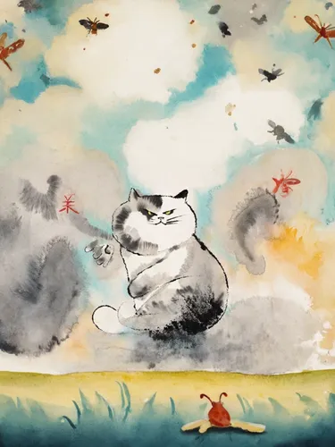 watercolor cat,cumulus nimbus,cumulus,whimsical animals,watercolor background,chinese pastoral cat,tea party cat,cat sparrow,my neighbor totoro,rain cats and dogs,thunderclouds,paper clouds,studio ghi