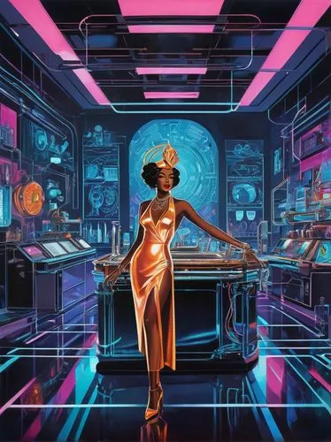 afrofuturism,cyberia,retro diner,cyberpunk,cyberscene,cybertown,futuristic,synth,sci fiction illustration,polara,futuristic art museum,cyberspace,cyberworld,computer room,cybercity,girl at the computer,cyberview,cyberpunks,futureworld,spaceland,Illustration,Realistic Fantasy,Realistic Fantasy 21