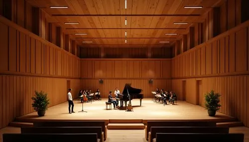 Intimate concert hall, wooden acoustic panels, sound-absorbing materials, curved lines, minimalist decor, warm ambient lighting, shallow stage, grand piano, professional audio equipment, microphone st