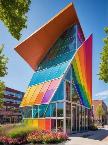 Colorful LGBTQ+ community center, modern architectural style, vibrant rainbow colors, glass facade, triangular roof, symmetrical composition, urban cityscape, sunny day, clear blue sky, blooming flowe