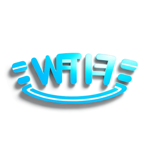 Free WiFi logo, circular shape, blue and white colors, modern design, simple typography, Wi-Fi signal icon, bold font, 3D effect, shiny surface, metallic texture, close-up shot, soft focus, blurred ba