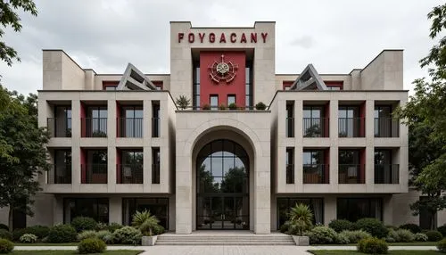 Rustic university building, constructivist architecture, brutalist concrete fa\u00e7ade, geometric patterns, abstract sculptures, Soviet-inspired design, bold typography, vibrant red accents, industri