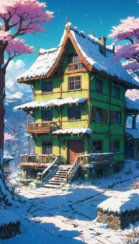 winter house,korean village snow,winter village,butka,alpine village,snow scene,Illustration,Japanese style,Japanese Style 03