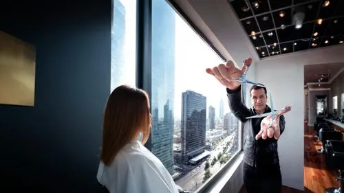 stylist in her modern and beautiful hair salon, with a view of a city, from a tall building.,dialogue window,telepresence,multitouch,oticon,videoconferencing,window washer,blur office background,smart