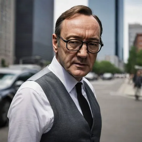 Kevin Spacey, mature man, 50yo, serious expression, black-rimmed glasses, messy brown hair, thinning on top, slight stubble, black suit, white dress shirt, black tie, hands in pockets, standing, city 