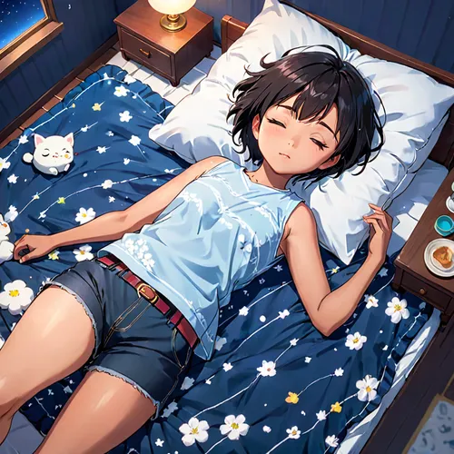 playmat,blue pillow,sleeping,bed,pajamas,2d,lying down,napping,sleep,zzz,relaxed young girl,himuto,precious,asleep,dreaming,bedding,sleeping room,nap,sleeping rose,pjs,Anime,Anime,Traditional