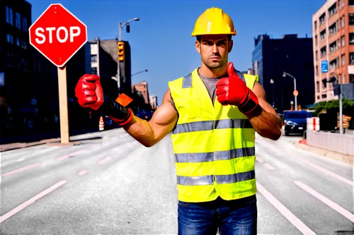 Safety helmet, yellow vest, reflective strips, gloves, construction boots, muscular man, confident posture, serious facial expression, holding a stop sign, standing in front of a city road, early morn