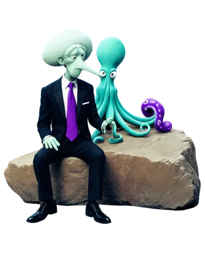 Squidward Tentacles, cartoon character, grumpy expression, turquoise octopus-like skin, six tentacles, purple shirt, white collar, black tie, holding clarinet, sitting on rock, moody atmosphere, dim l