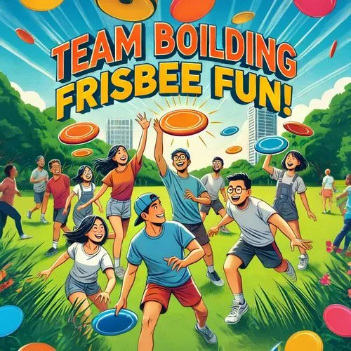 there is a poster that reads team building frisbee fun,frisbee golf,frisbee,frisbees,team building,frisbie,teambuilding