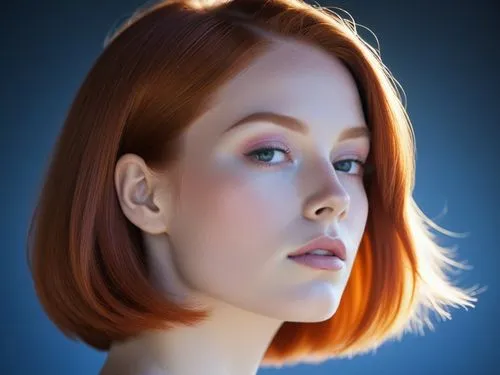 The frame shows a bold redhead with two straight mid-length bob hair cascading down her head, with her smooth skin glistening in the sunlight. Her hair is a mix of pink and orange hues, adding depth t