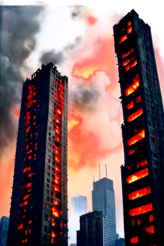 Apocalyptic scene, destroyed cityscape, ruins of skyscrapers, broken concrete, steel beams twisted, smoke and fire everywhere, dark cloudy sky, ominous red lighting, 3/4 composition, low-angle shot, d