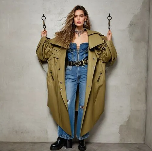 young woman posing fashion full body, denim bustier, high quality,a woman in green jacket holding metal handles,prinsloo,hadid,trenchcoat,denim jumpsuit,denim shapes,long coat,Photography,Fashion Phot