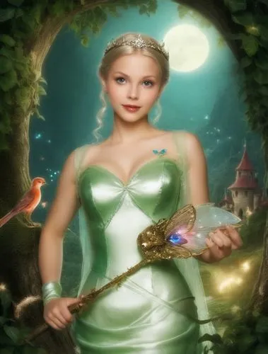 a woman wearing a green dress holding a crystal wand,tinkerbell,fairy tale character,celtic woman,saria,fantasy picture,fairy queen,Illustration,Realistic Fantasy,Realistic Fantasy 02