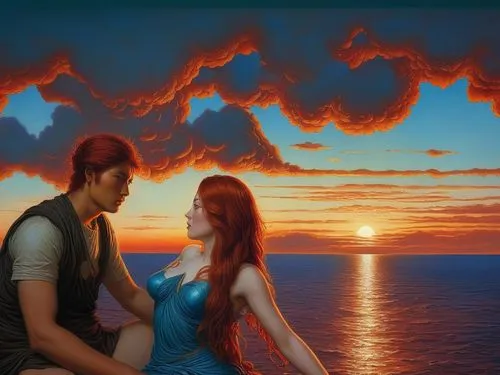 fantasy picture,romantic scene,loving couple sunrise,fantasy art,romantic portrait,romance novel,eventide,idyll,twiliight,romantic night,amorous,twilight,little mermaid,young couple,merfolk,ariel,the horizon,sun and moon,honeymoon,summer evening,Photography,Artistic Photography,Artistic Photography 05