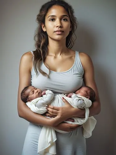 A young mother, her arms full of newborn babies.,a woman holding a baby in her arms,breastfeeding,doula,postnatal,caesareans,breastfeed,mother with children,Photography,Documentary Photography,Documen