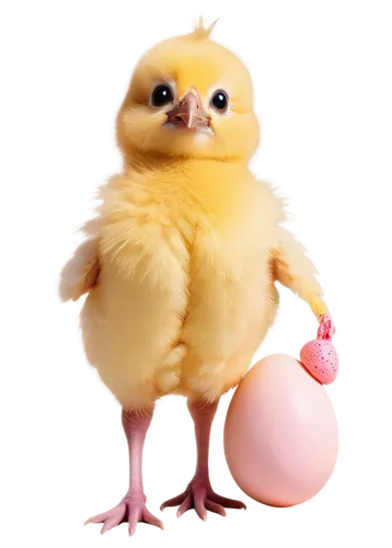 Happy Easter chick, cute, fluffy yellow feathers, tiny wings, beak, big round eyes, pink cheeks, standing on one leg, holding small Easter egg, pastel colors, soft focus, warm lighting, shallow depth 