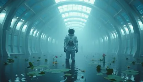 Wetland planetarium, minimalist architecture, sleek lines, reflective surfaces, futuristic ambiance, misty atmosphere, eerie silence, solo figure, astronaut helmet, white spacesuit, gloved hands, hold