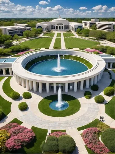 Oral Roberts University, modern university architecture, grand entrance, white stone walls, large glass windows, circular fountain, lush greenery surroundings, sunny day, clear blue sky, fluffy white 