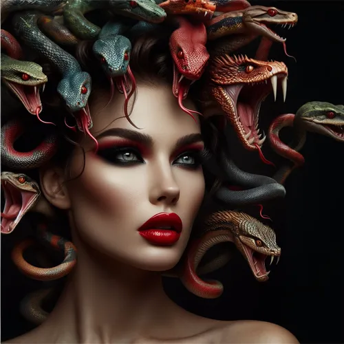 finish bodies and heads of snakes,reptilian,surrealism,serpent,reptiles,hippocampus,fantasy art,reptilians,man-eater,crocodile woman,medusa,splendens,surrealistic,creatures,predation,photo manipulatio