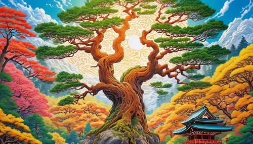 the japanese tree,colorful tree of life,magic tree,tree of life,flourishing tree,tangerine tree,japanese kuchenbaum,oriental painting,japan landscape,japanese art,khokhloma painting,painted tree,bonsai,hokka tree,watercolor tree,chinese temple,chinese art,mushroom landscape,growing mandarin tree,maple tree,Illustration,Japanese style,Japanese Style 01