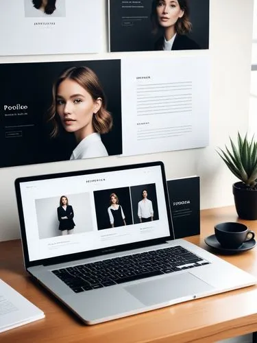 Create an elegant portfolio that showcases your best work.,the desk has a laptop, phone and potted plant on it,blur office background,landing page,website design,web mockup,webdesign,web design