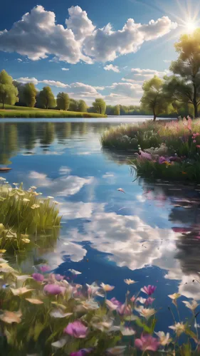 landscape background,meadow landscape,river landscape,meadow in pastel,fantasy landscape,beautiful landscape,nature landscape,world digital painting,lily pond,spring lake,landscape nature,beautiful lake,waterscape,springtime background,pond flower,beauty scene,water lilies,tranquility,landscapes beautiful,evening lake,Photography,General,Natural