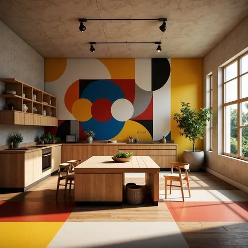 mid century modern,corbusier,kitchen interior,modern kitchen interior,kitchen design,mondriaan