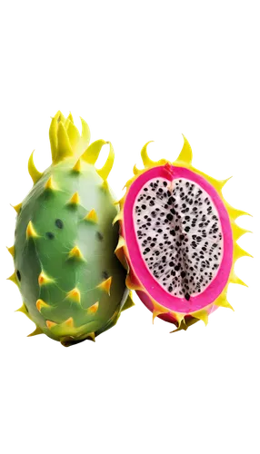 Animated, vibrant, pink dragon fruit, semi-translucent skin, green scales, yellow spikes, juicy flesh, shiny surface, round shape, solitary, 3/4 composition, close-up shot, softbox lighting, pastel co