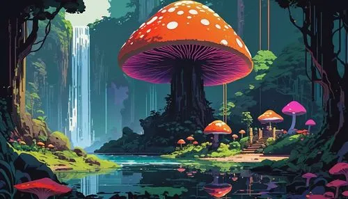 mushroom landscape,mushroom island,mushrooms,forest mushroom,forest mushrooms,tree mushroom,mushroom type,toadstools,cartoon forest,fairy forest,fairy world,mushroom,toadstool,fairy village,amanita,club mushroom,brown mushrooms,fungi,champignon mushroom,enchanted forest,Art,Artistic Painting,Artistic Painting 24