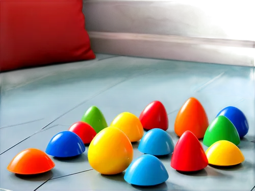 Colorful toys, cartoon style, scattered on floor, soft focus, vibrant hues, plastic materials, shiny surfaces, rounded shapes, childish atmosphere, warm lighting, low-angle composition, close-up shot,