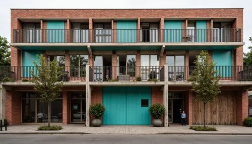 Rustic brick fa\u00e7ade, ornate concrete ornaments, asymmetrical composition, bold geometric patterns, vibrant turquoise accents, dynamic diagonal lines, functionalist architecture, industrial-style 