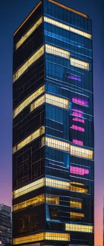 Modern architectural design, 2019, futuristic skyscraper, sleek lines, metallic materials, glass facades, angular shapes, LED lighting, neon night scenery, cityscape, urban landscape, detailed reflect